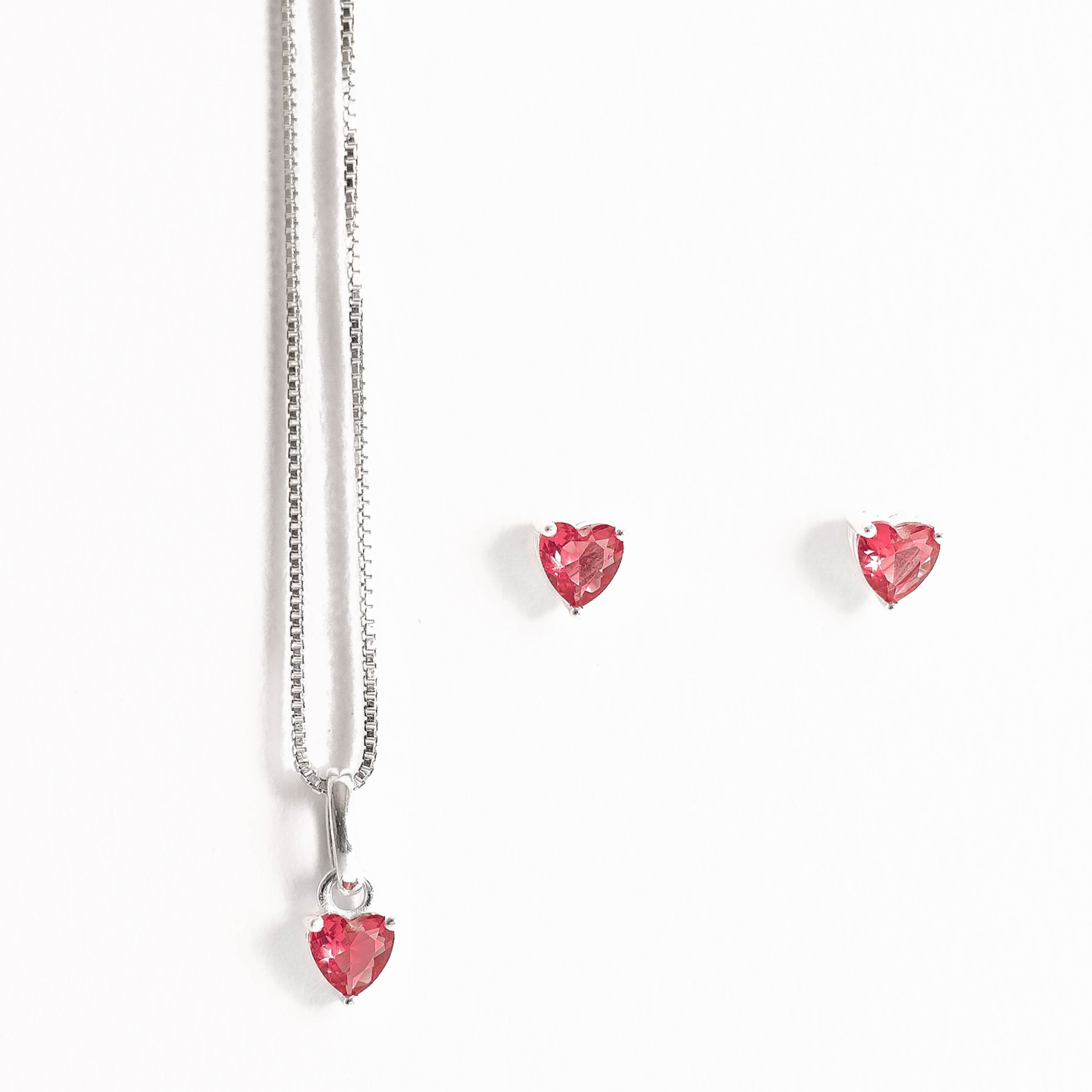 Conjunto brinco e colar zircônia coração rubi 4mm 40cm