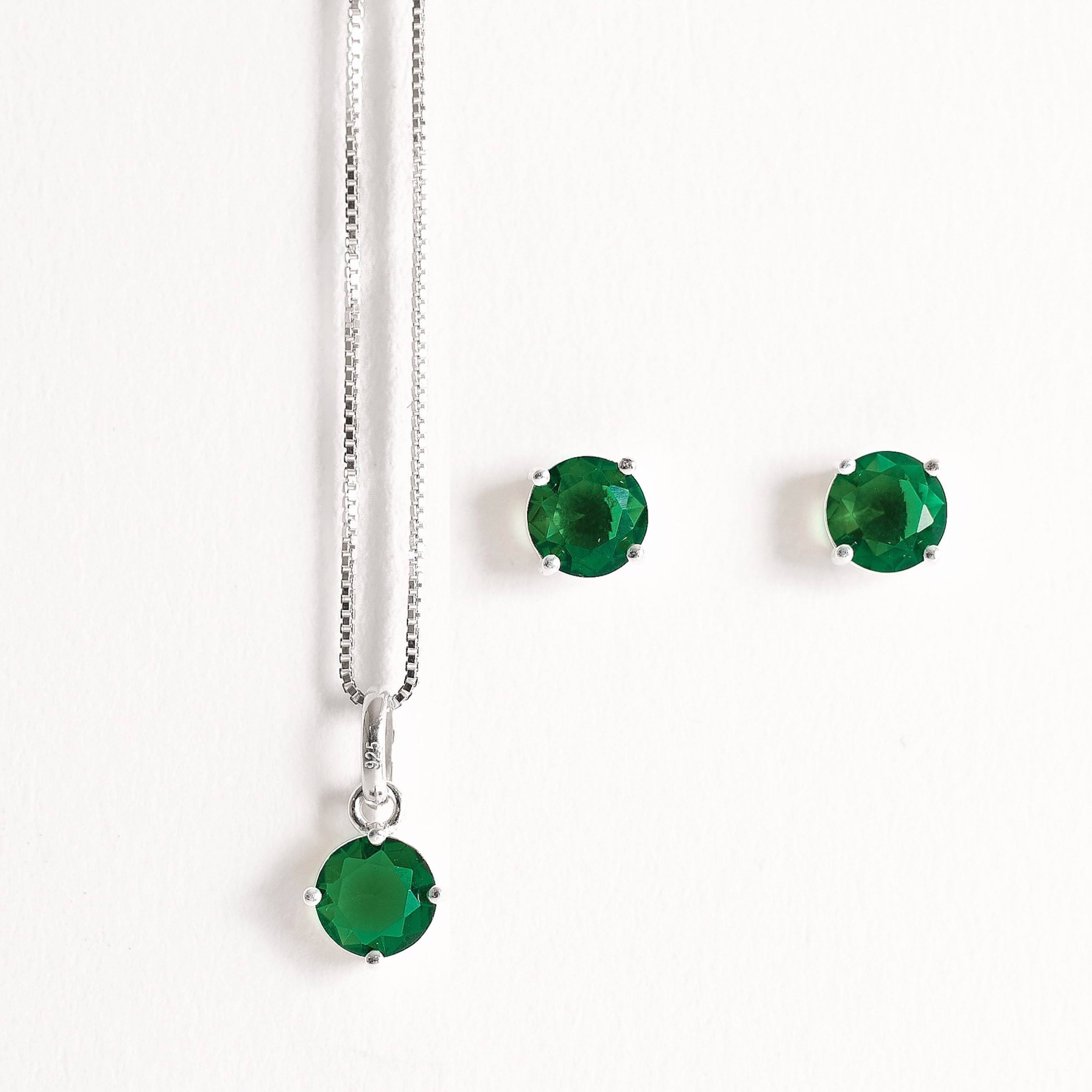 Imagem Conjunto brinco e colar zircônia redonda esmeralda 6mm 45cm