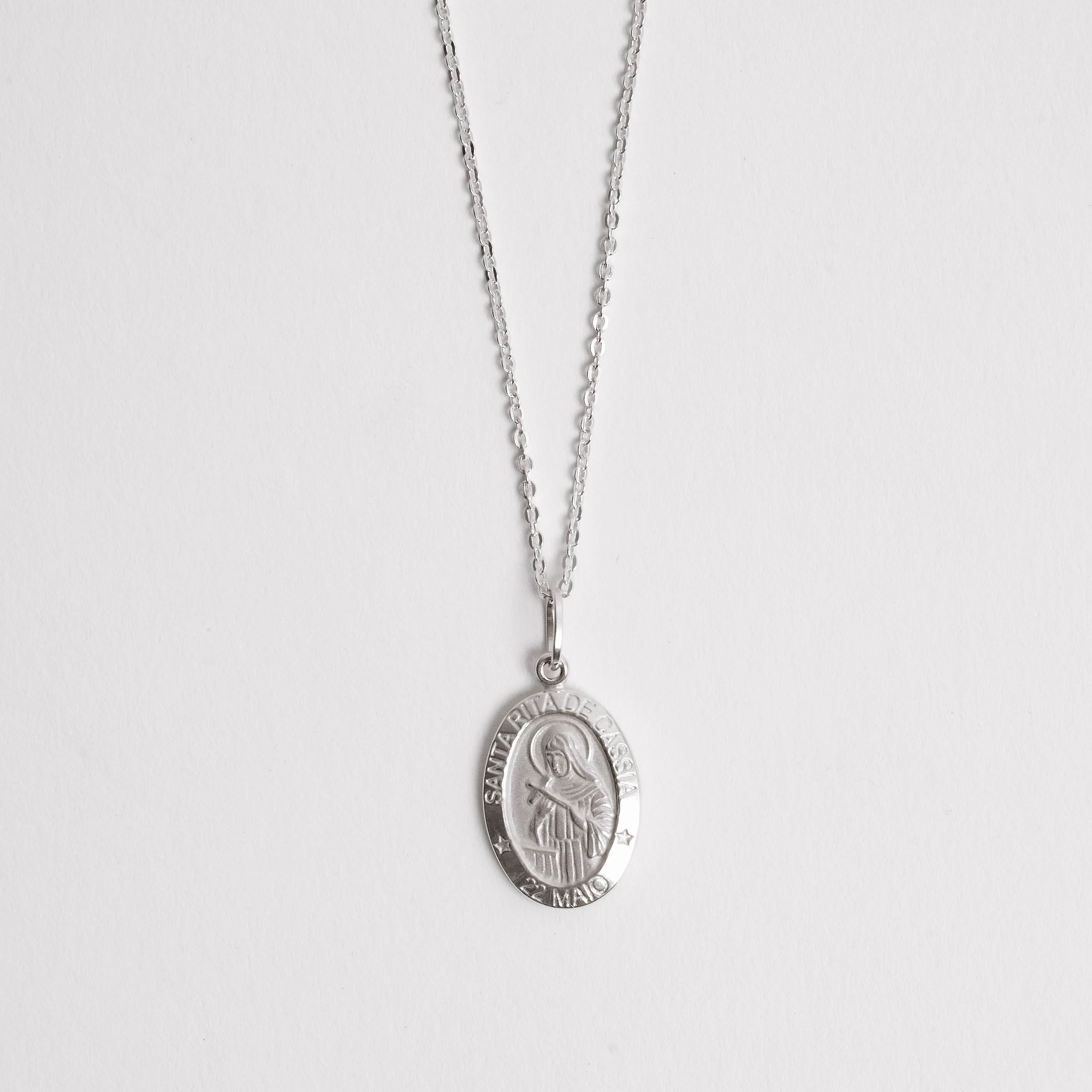 Imagem Colar pingente medalha dupla face Santa Rita de Cássia e cruz 16mm corrente cadeadinho 45cm