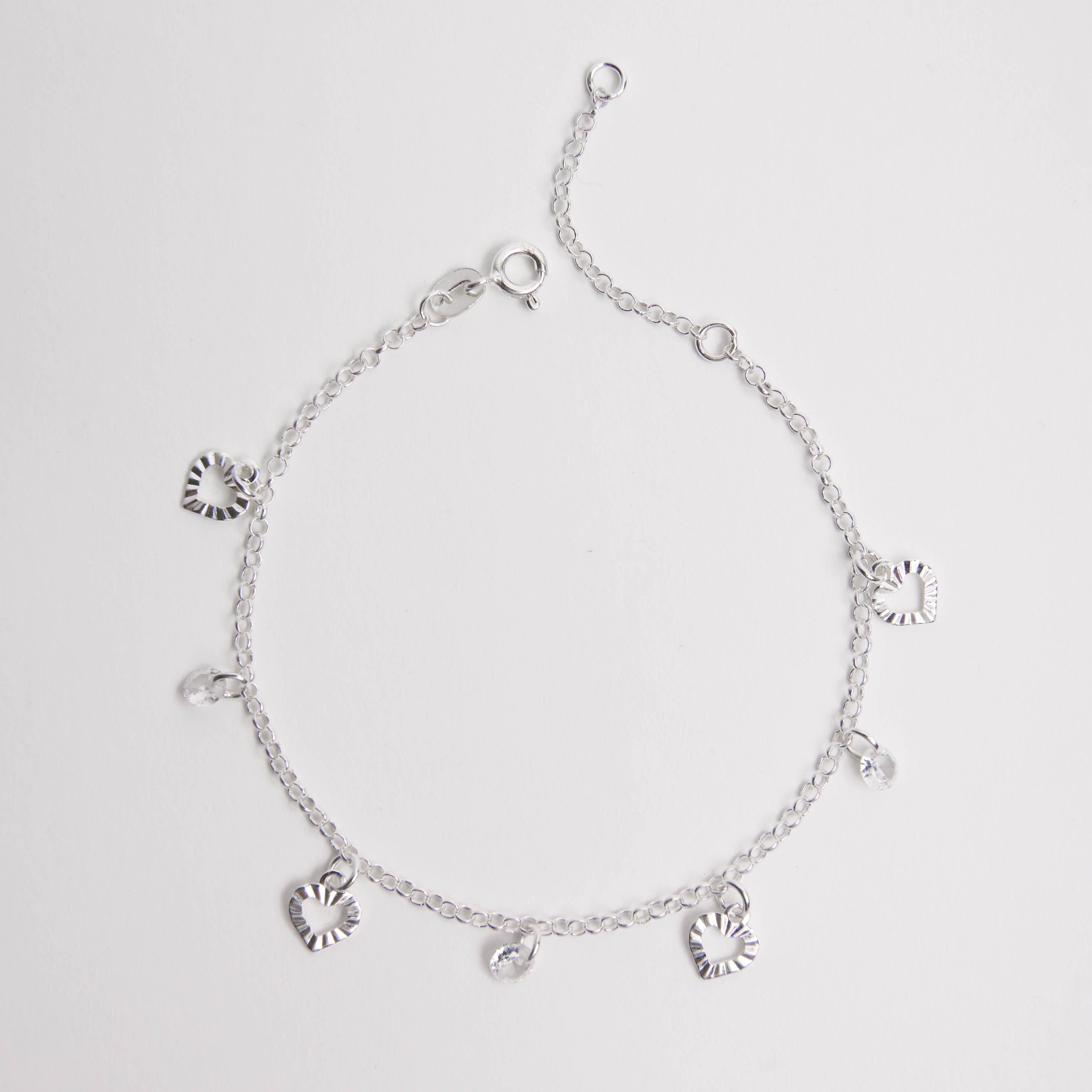 Pulseira pingente corações com vinco e zircônias corrente elo português 19cm