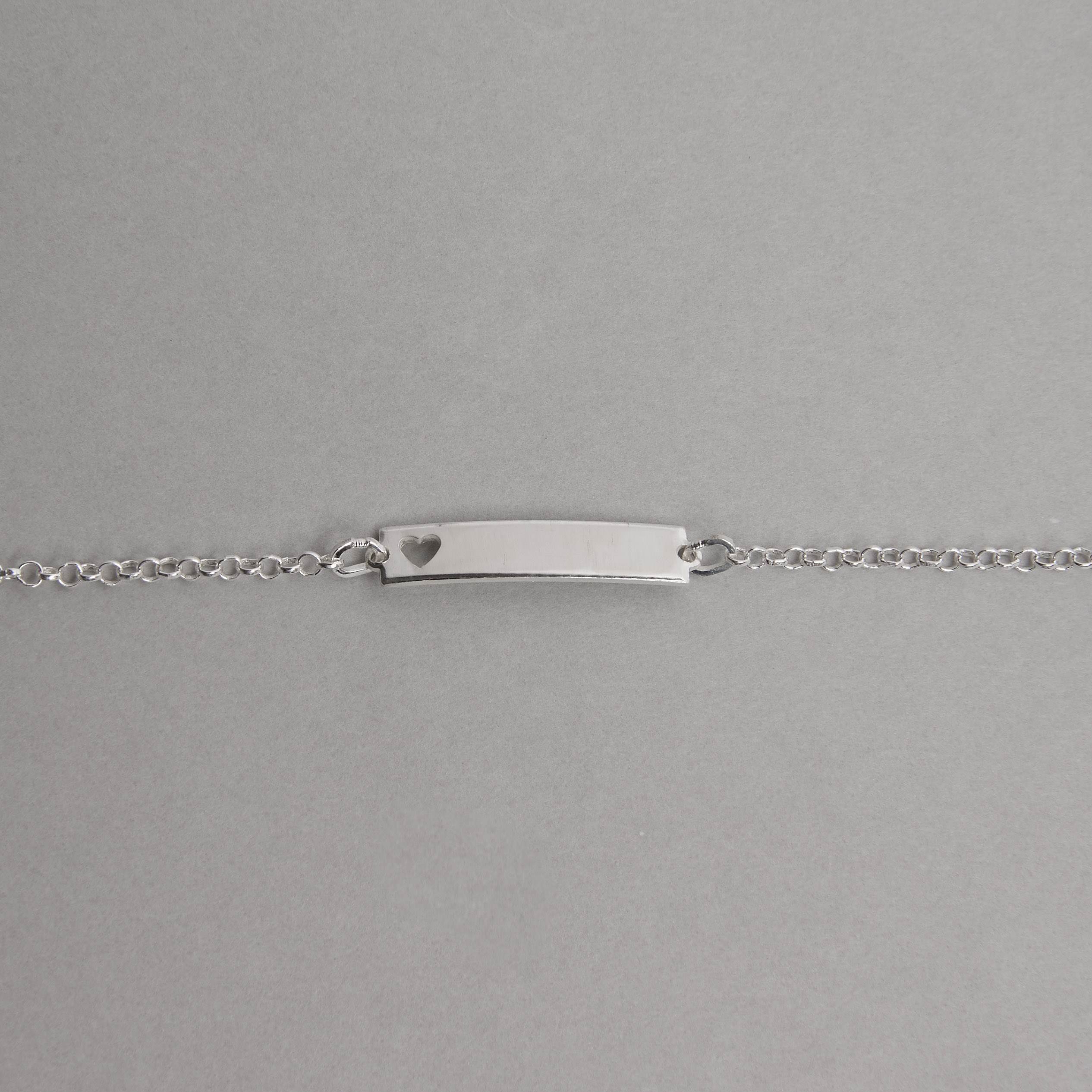 Pulseira infantil entremeio placa com coração vazado 22mm corrente elo português 14cm