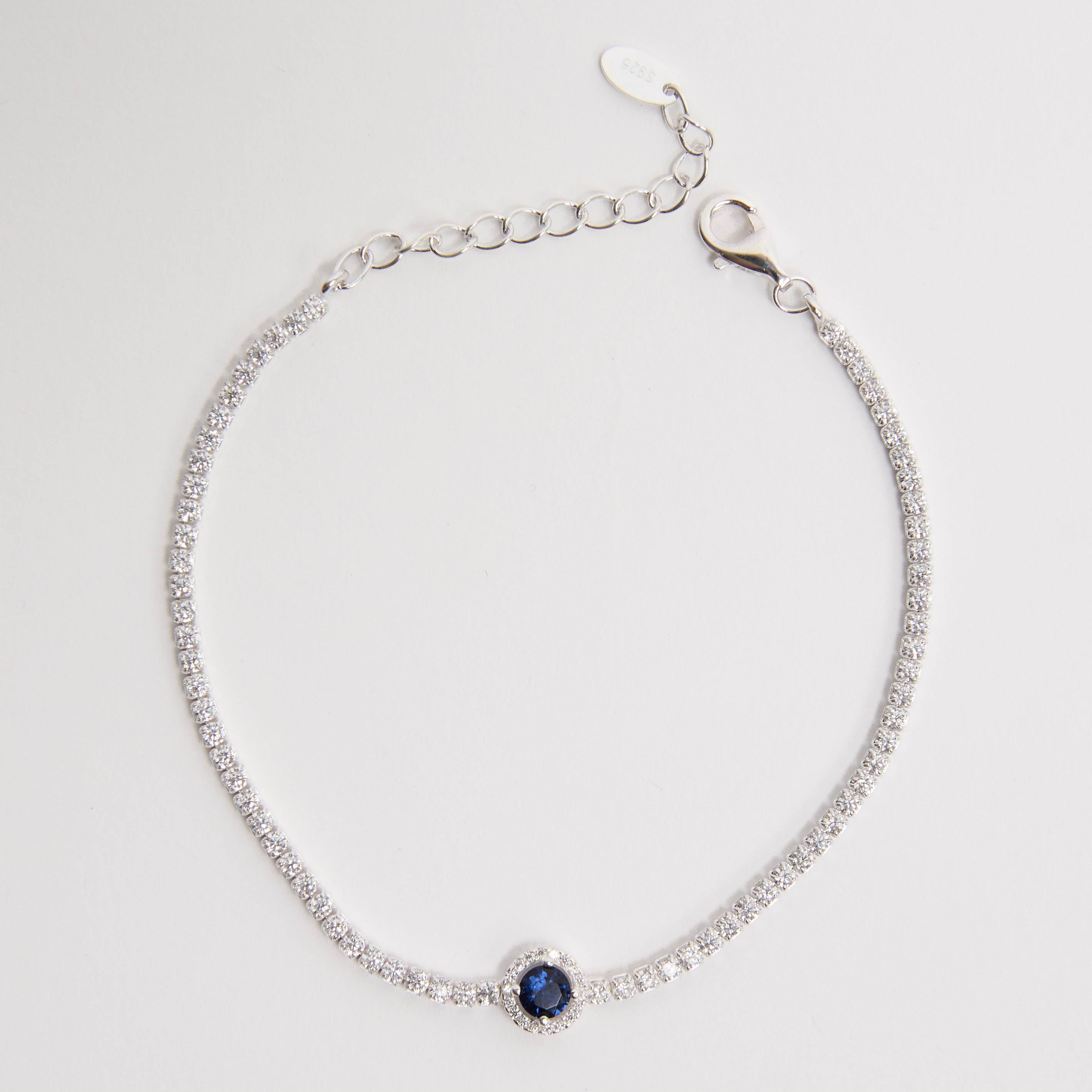 Pulseira Riviera 2mm com círculo vazado cravejado safira 16+4cm