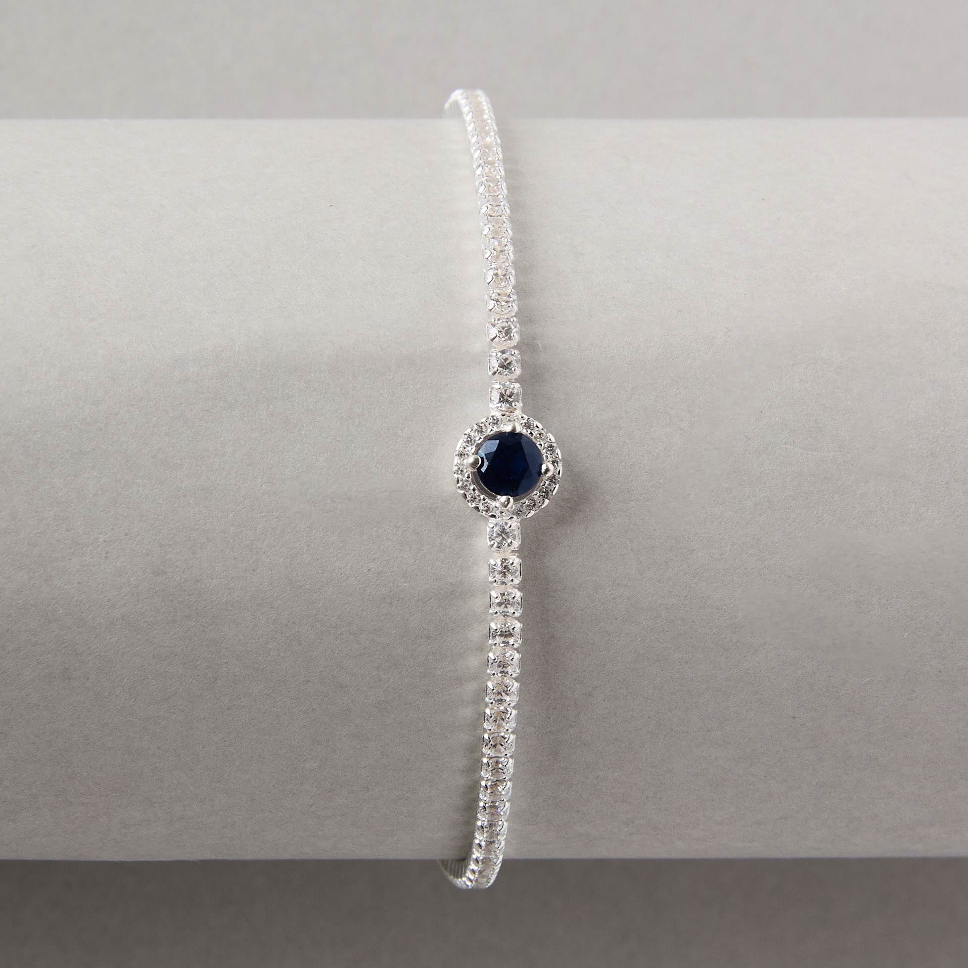Pulseira Riviera 2mm com círculo vazado cravejado safira 16+4cm