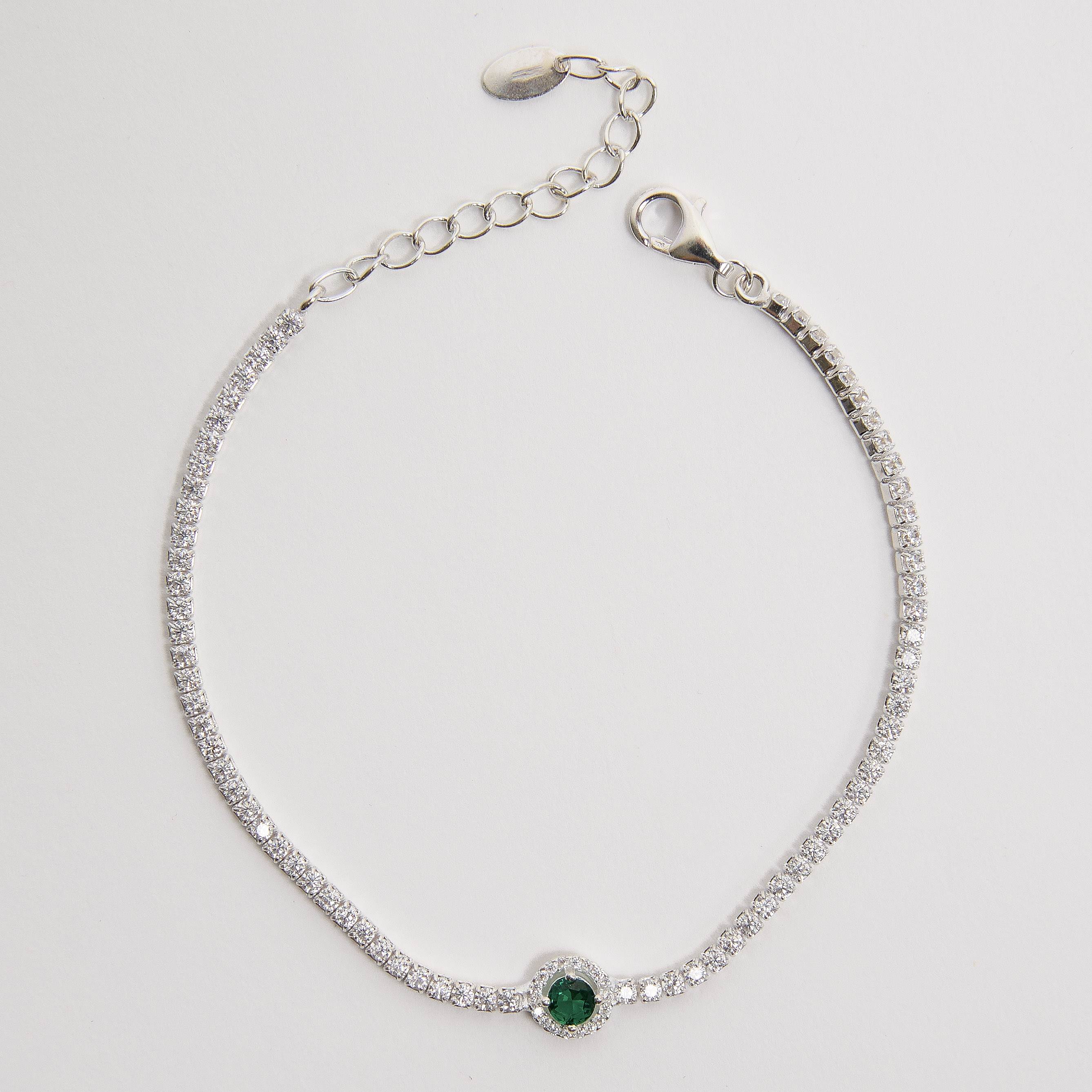 Pulseira Riviera 2mm com círculo vazado cravejado esmeralda 16+4cm