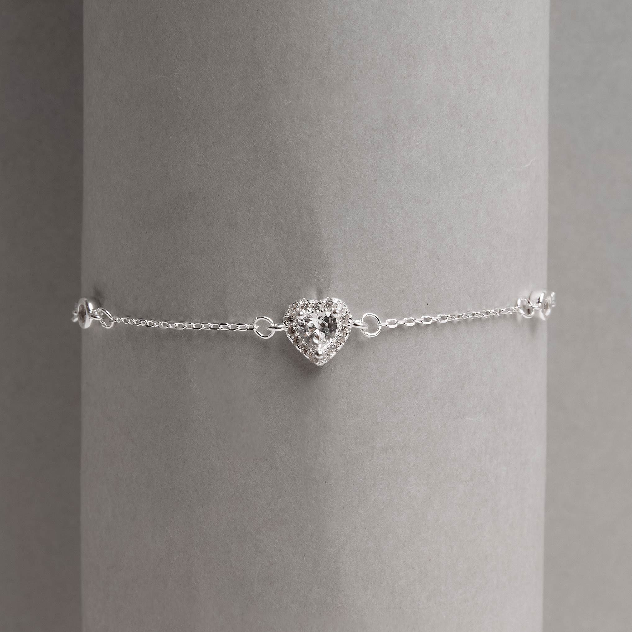 Pulseira entremeios zircônias redonda e coração com cravejado 7mm 16+4cm
