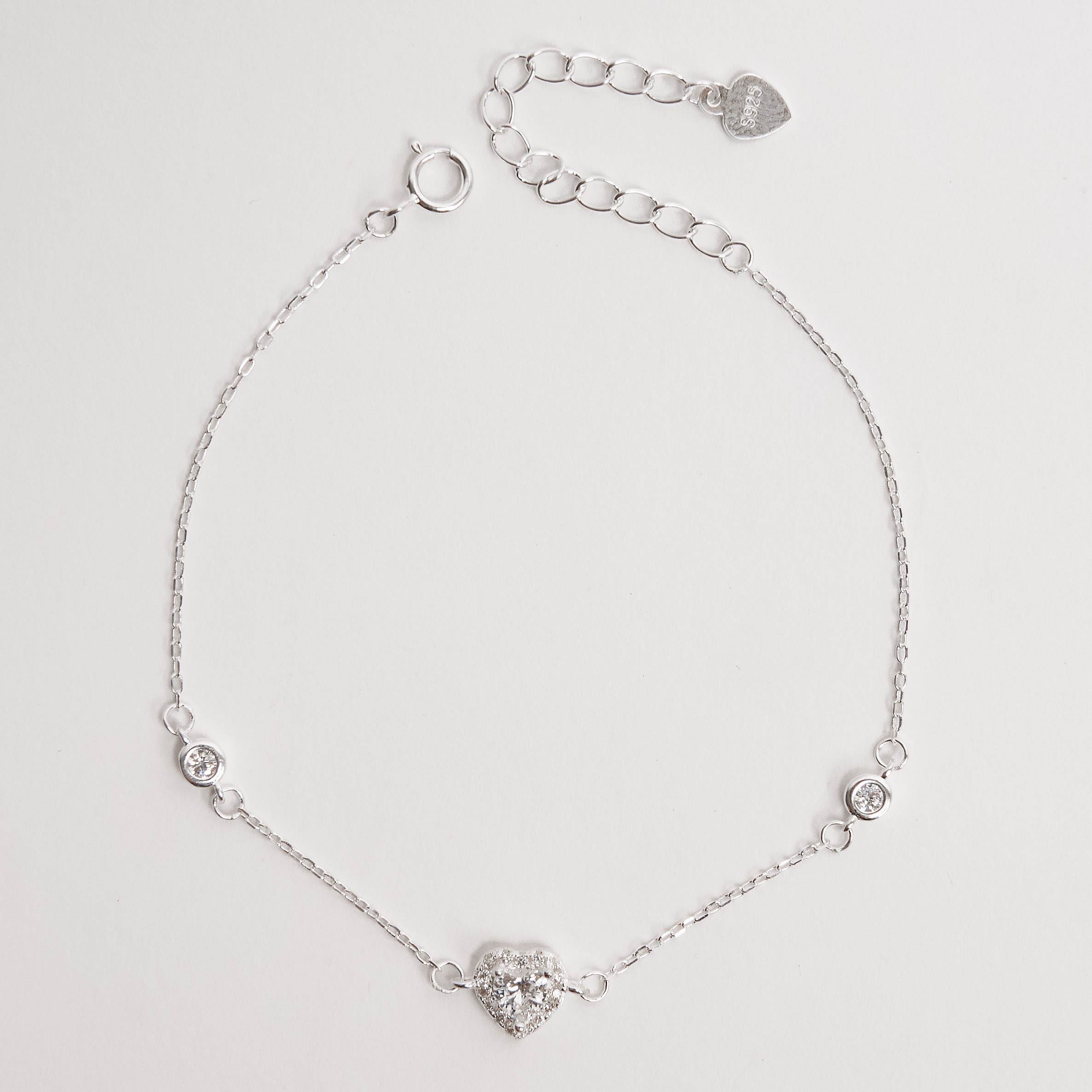 Pulseira entremeios zircônias redonda e coração com cravejado 7mm 16+4cm