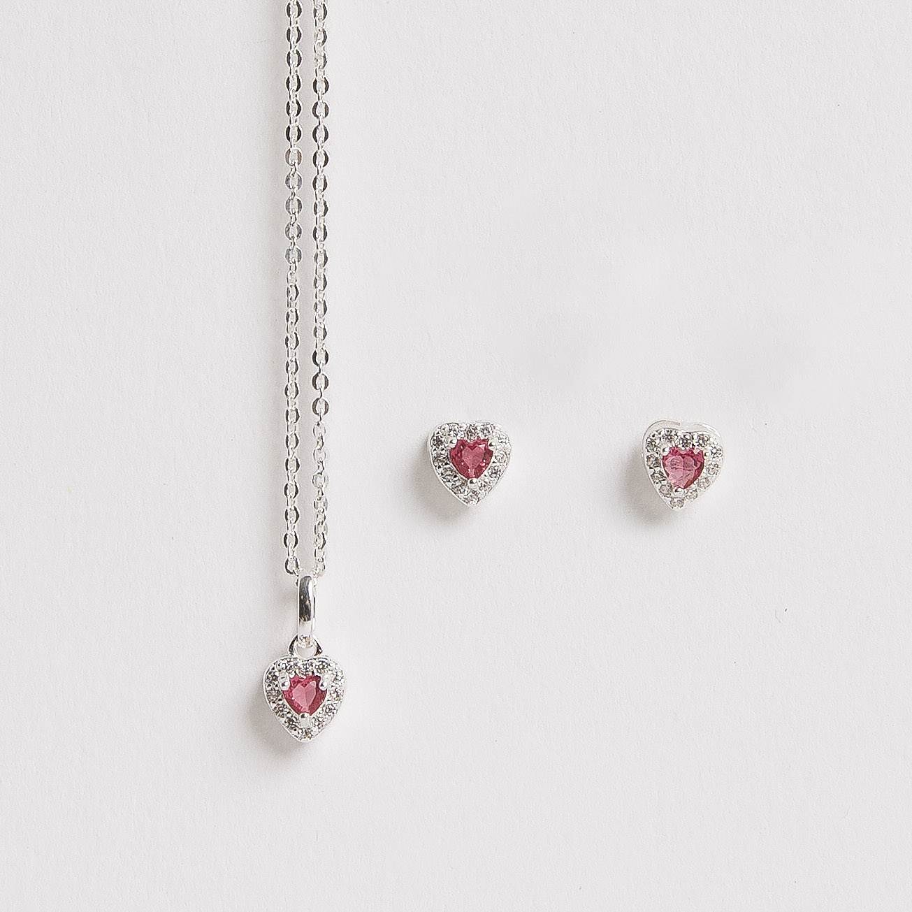 Conjunto brinco e colar zircônia coração rubi com cravejado 6mm corrente cadeadinho 40cm