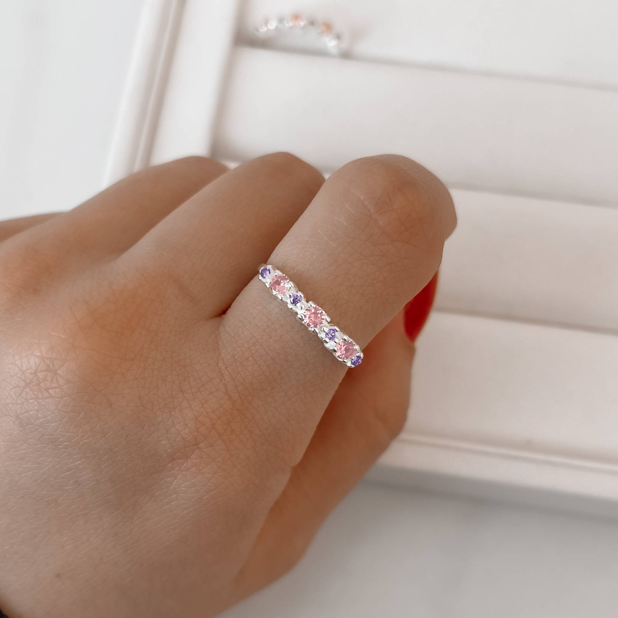 Imagem Anel zircônias redonda rosa e lilás