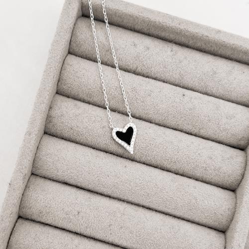 Colar coração pedra ônix com cravejado 11mm corrente cadeado 45+5cm