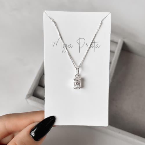 Colar pingente zircônia retangular cristal 7x5mm 45cm