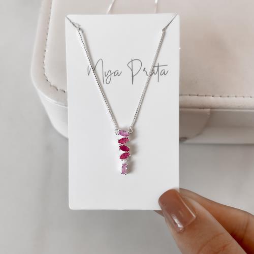 Colar entremeio zircônias navete rosa 21mm v15 40+5cm