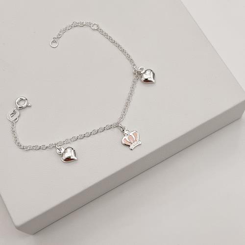 Pulseira infantil pingentes coração e coroa resina 7mm 