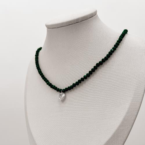 Choker cristal verde escuro 4mm pingente zircônia coração cristal 8mm 40+5cm