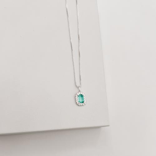 Colar pingente zircônia retangular acqua detalhe torcido 10mm 45cm