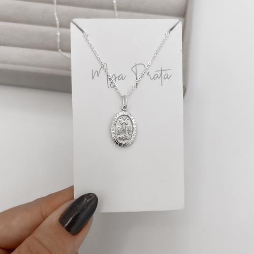 Colar pingente medalha dupla face Nsa. Sra. Desatadora de Nós e cruz 16mm corrente cadeadinho 45cm