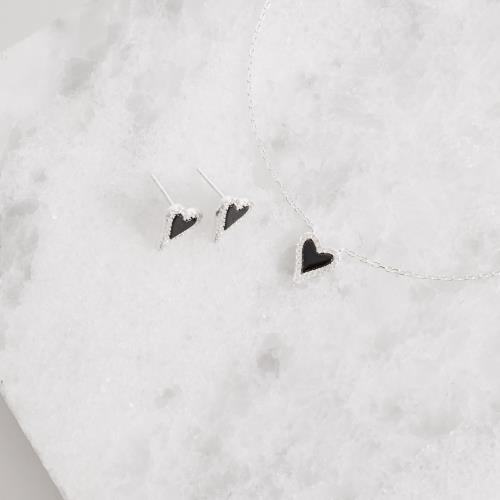 Conjunto brinco e colar coração pedra ônix com cravejado 11mm corrente cadeado 45+5cm