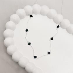 Colar entremeio trevos pedra ônix 6mm corrente cadeado 60+5cm