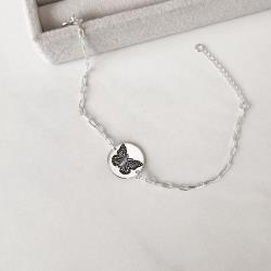 Pulseira entremeio medalha dupla face borboleta e frase 15mm