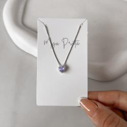 Colar zircônia coração lilás com cravejado 7mm 40cm