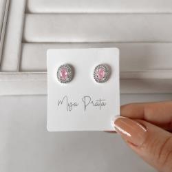 Brinco zircônia oval rosa com cravejado 11mm
