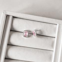 Brinco zircônia retangular rosa com cravejado 13mm