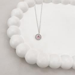 Colar zircônia redonda rosa com cravejado 9mm corrente cadeadinho 45cm