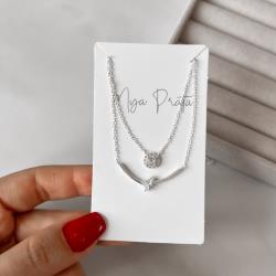 Colar duplo botão cravejado 7mm 40cm e bastão com zircônias 27mm 45+5cm