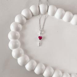 Colar pingente zircônia coração cereja e palito cravejado 17mm 45cm