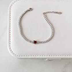 Pulseira Riviera 2.5 detalhe zircônia coração vermelho 16,5cm com alongadora ródio