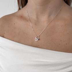 Colar entremeio círculo pingentes coração vazado cravejado, zircônias rosa e roxo v12 45cm