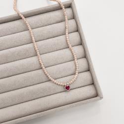 Choker cristal perolado 3mm pingente zircônia coração rubi 6mm 40+5cm