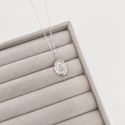 Colar pingente medalha dupla face Anjo da Guarda e cruz 16mm corrente cadeadinho 45cm