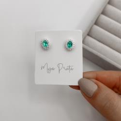 Brinco zircônia oval acqua com cravejado 10mm