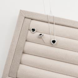 Conjunto brinco e colar zircônia coração ônix com cravejado 9mm 45cm