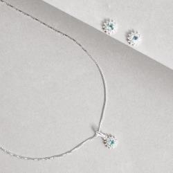 Conjunto brinco e colar zircônia redonda azul claro com cravejado 7mm 45cm