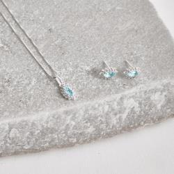 Conjunto brinco e colar zircônia navete azul com cravejado 9mm 45cm