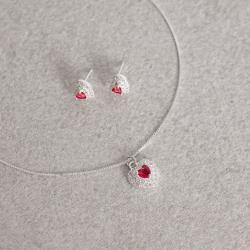 Conjunto brinco e colar zircônia coração cereja com duplo cravejado 10mm 45cm