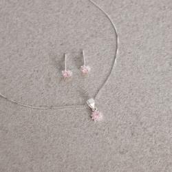 Conjunto brinco e colar flor cravejada rosa claro 6mm 40cm