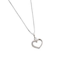 Colar pingente coração vazado metade cravejado 10mm 45cm