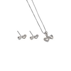 Conjunto brinco e colar corações liso e vazado cravejado 11mm 45cm