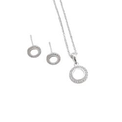 Conjunto brinco e colar círculo vazado com cravejado 9mm corrente cadeadinho 45cm