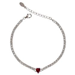 Pulseira Riviera 2.5 detalhe zircônia coração vermelho 16,5cm com alongadora ródio