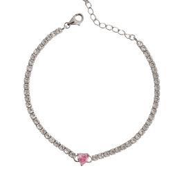 Pulseira Riviera 2.5 detalhe zircônia coração rosa 16,5cm com alongadora ródio