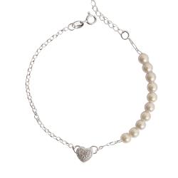 Pulseira entremeio coração cravejado 8mm corrente elo português e pérolas 17cm com alongadora