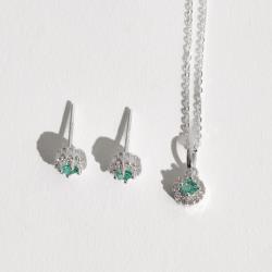 Conjunto brinco e colar zircônia turmalina com cravejado 6mm corrente cadeadinho 40cm