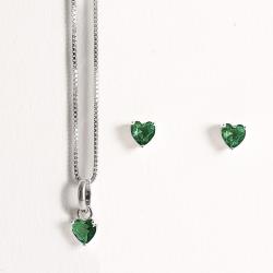 Conjunto brinco e colar zircônia coração esmeralda 4mm 40cm