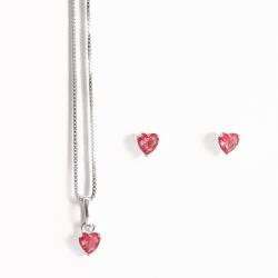 Conjunto brinco e colar zircônia coração rubi 4mm 40cm