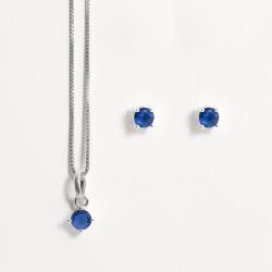 Conjunto brinco e colar zircônia redonda azul 4mm 40cm