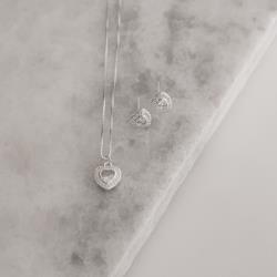 Conjunto brinco e colar zircônia coração embutida cristal com cravejado 10mm 45cm
