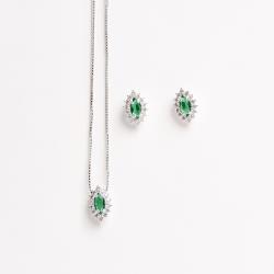 Conjunto brinco e colar zircônia navete esmeralda com cravejado 10mm 45cm